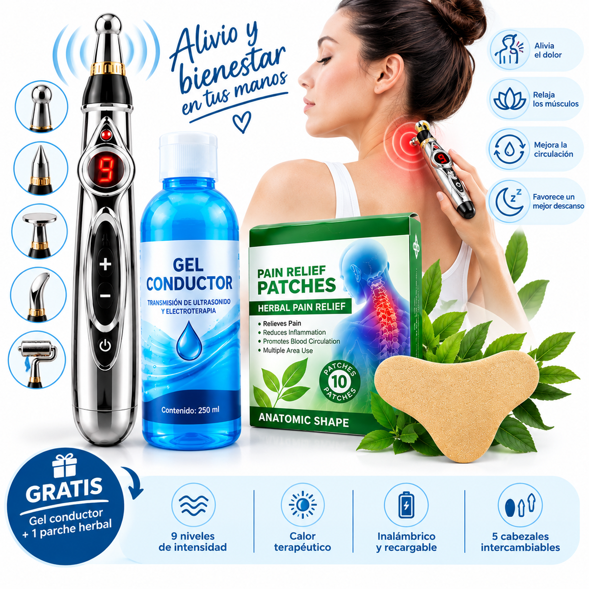 Lápiz acupuntura 5 en 1 + Gel conductor + Parche herbal de regalo 🎁